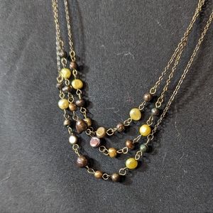 Vintage Three Chain Green and Brown Stone Bead Necklace 34.5" Layered Pearly